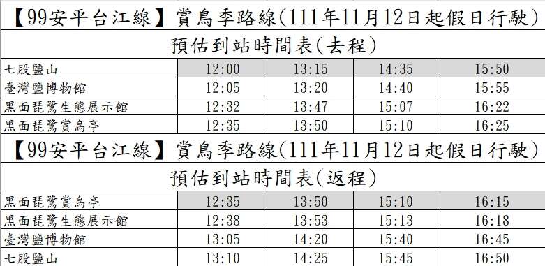 時刻表-1112賞鳥季路線