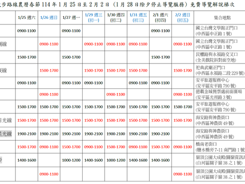 台南散步路線春節免費導覽解說梯次彙整表