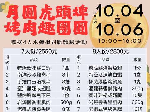月圆虎头埤．烤肉趣团圆菜单_4人体验