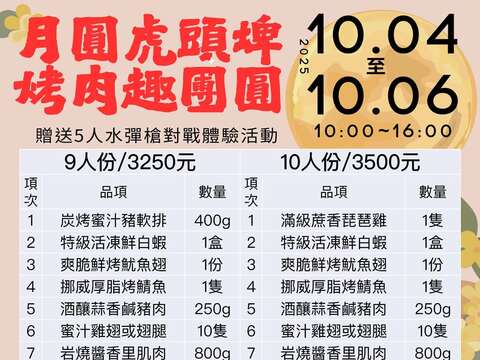 月圆虎头埤．烤肉趣团圆菜单_5人体验