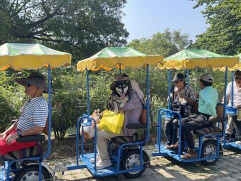 游客携带毛孩一起搭乘电动游园车
