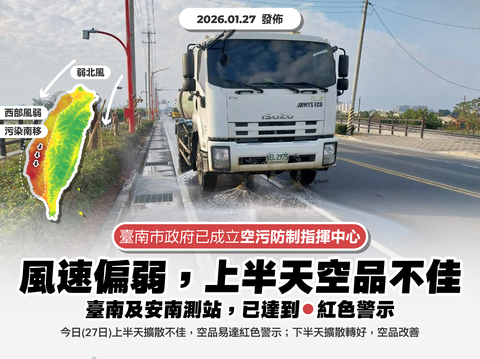 今（1/27）日根据上午7时环境部监测资讯，安南及台南测站为「对所有族群不健康等级」，请市民朋友外出时做好自我防护。