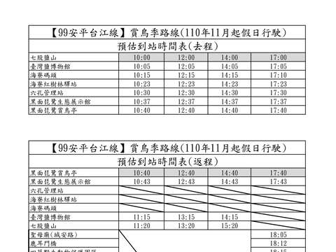 台灣好行99安平台江線賞鳥季路線預估到站時間