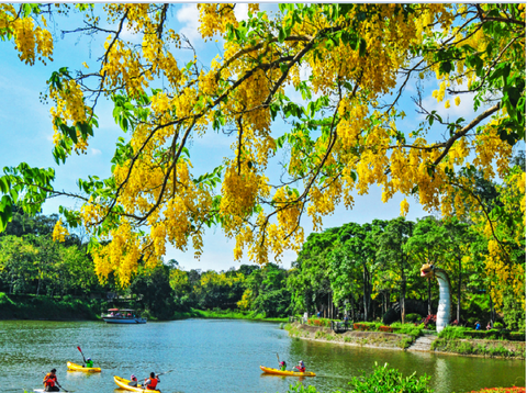 "The weather is fine, tourists can go boating at Hutoupi leisurely"