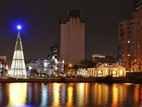 "Canal River Music Light District Christmas Tree and Old Fish Market"